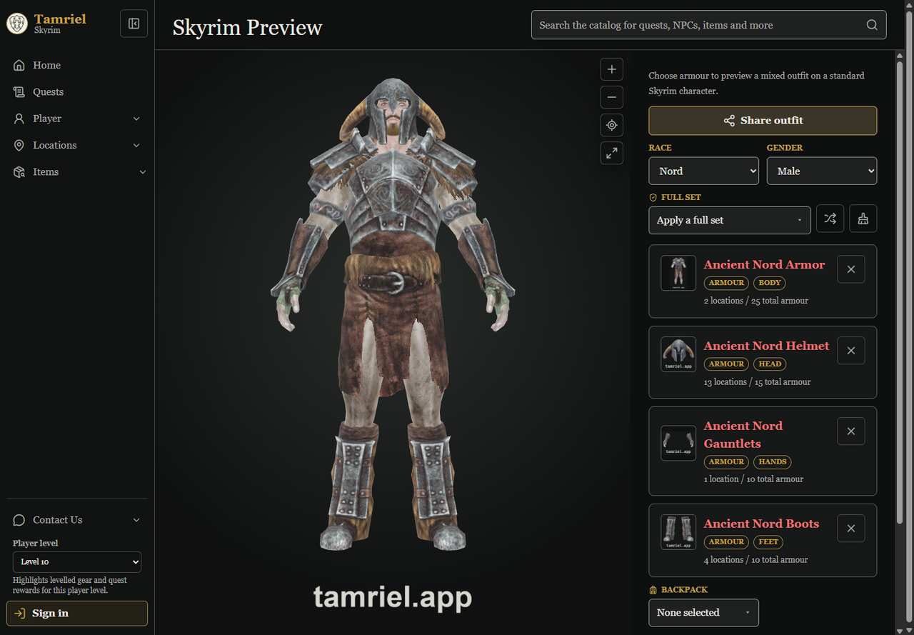 Tamriel Skyrim Player Preview showing a selected armour set on a 3D character with gear controls.