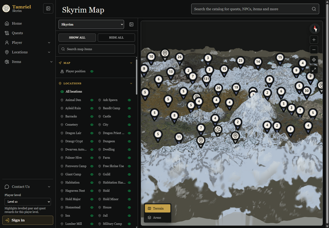 Tamriel Skyrim interactive 3D map centered on Whiterun with searchable location and catalog markers.