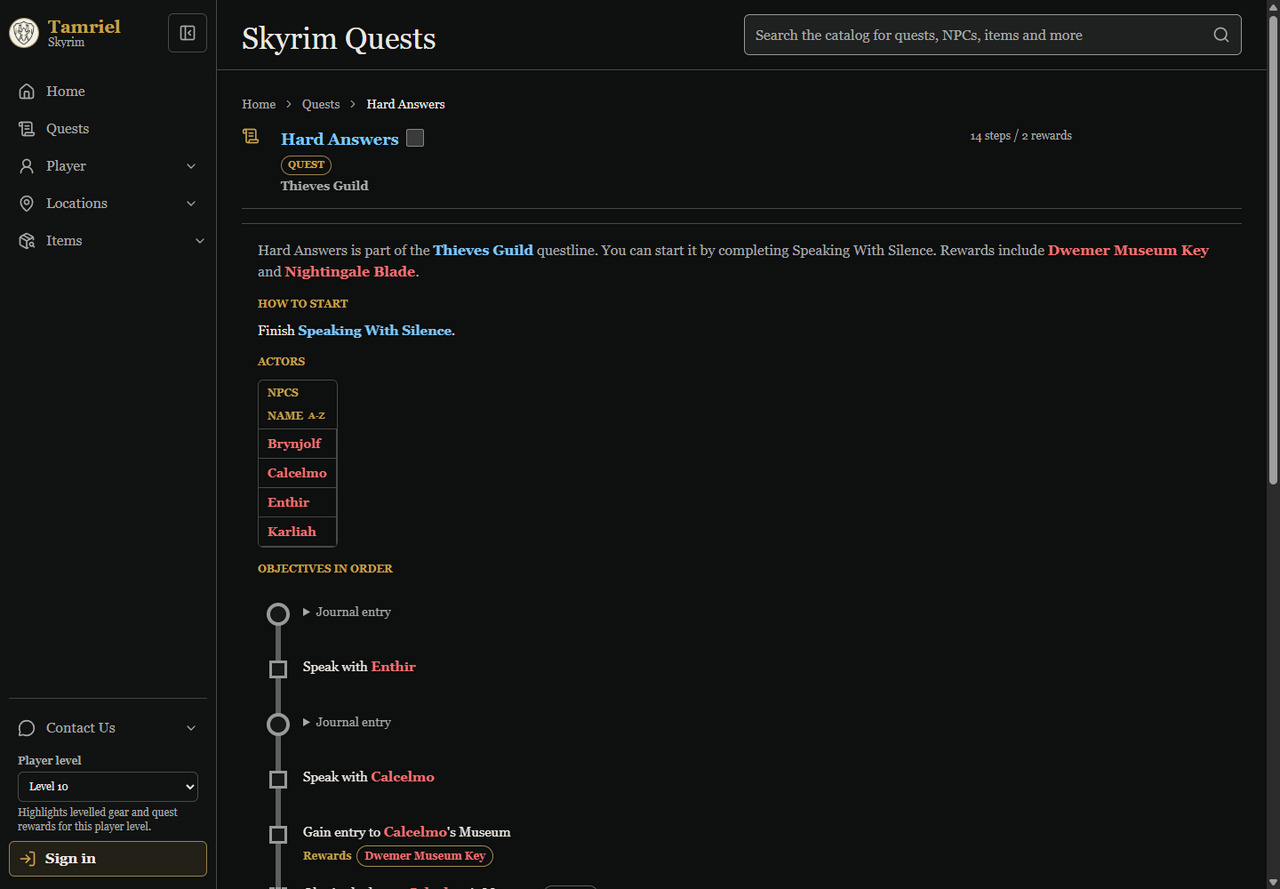The Hard Answers quest page showing its start guidance, ordered objectives, and rewards.