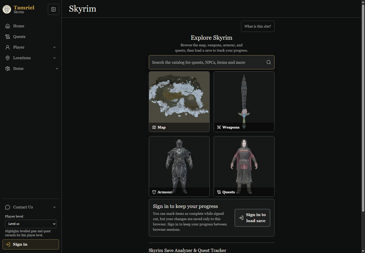 Tamriel Skyrim home page with catalog shortcuts and the save-loading access prompt.